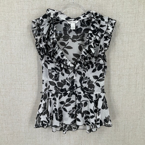 White House Black Market Tops - WHBM Blouse Women 6 Black White Floral Ruffle Peplum Romantic Flowy Airy